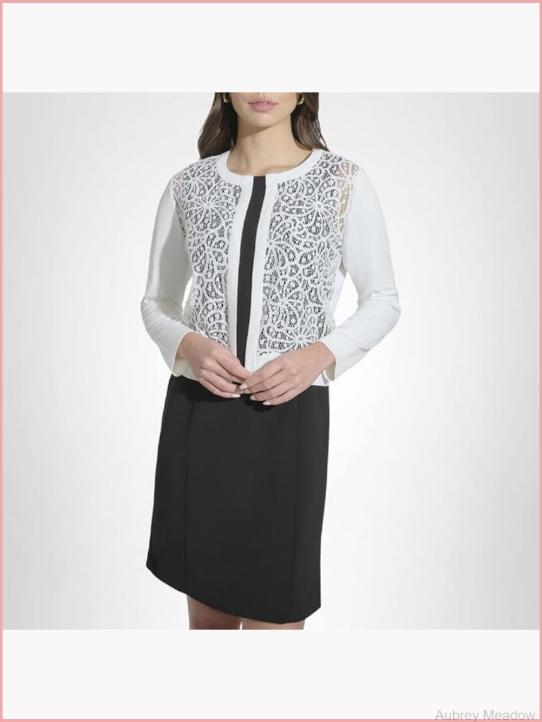 3/4 Sleeve Jewel Neck Lace Open Front Shrug Cardigan